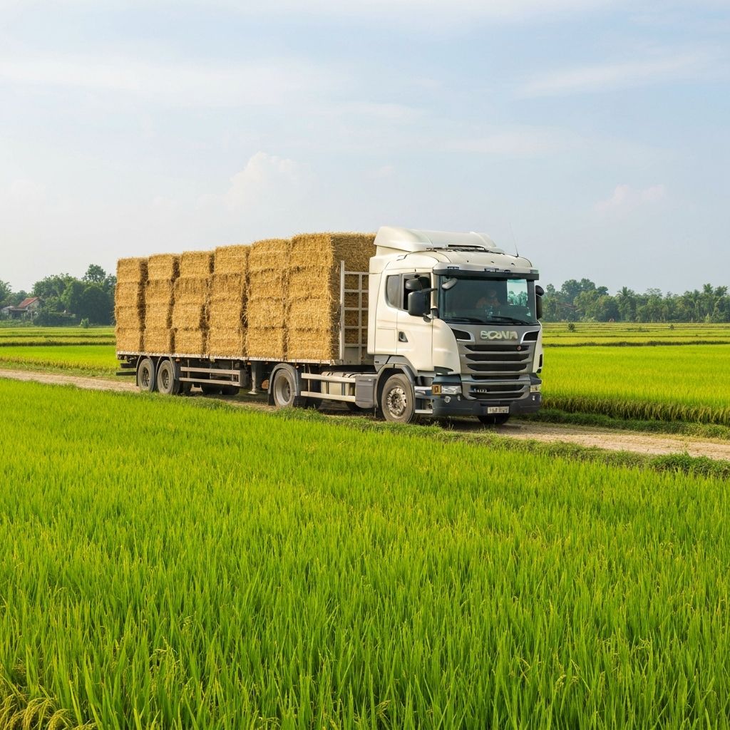 Xe tải chở rơm trên đường ven cánh đồng